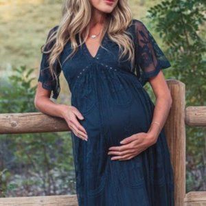 PinkBlush Maternity Navy Blue Lace Overlay Maxi Dress Large NWT